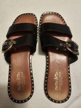COACH AND FOUR  Black Slide Womens Sandals with Gold Accents. SIZE 8.5